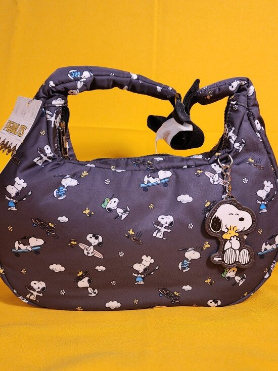 Peanuts Handbags - Peanuts Snoopy & Woodstock Icons AOP Nylon Shoulder Bag Purse Charm NEW